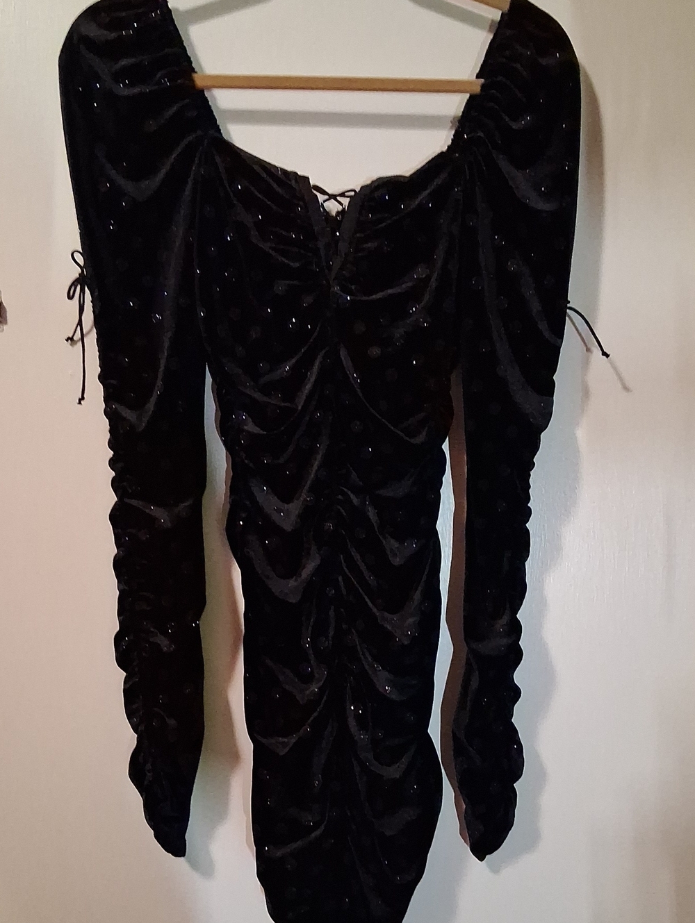 For Love And Lemons Black Velvet Ruched Long-Sleeve Mini Dress